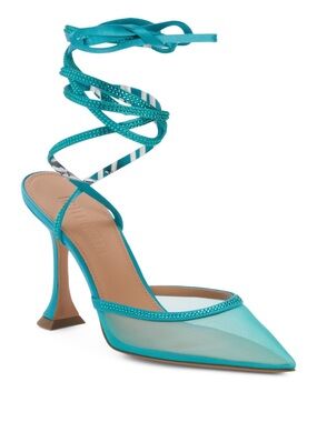 Teal Lace-Up Mesh Pointed-Toe Stiletto Heels for Women